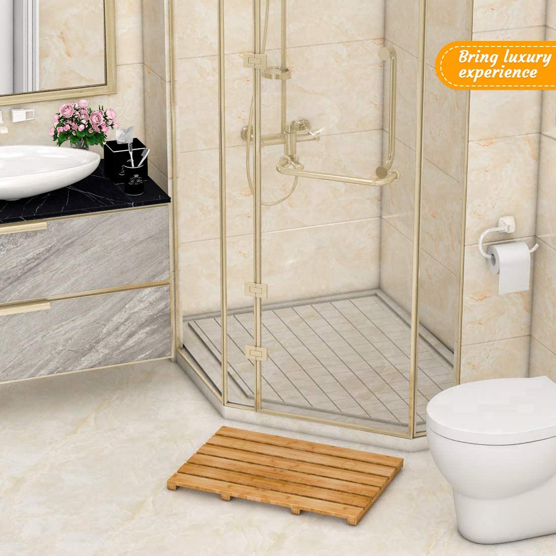 Bath Mat For Luxury Shower - Non-Slip Bamboo Sturdy Water Proof Bathroom Carpet For Indoor Or Outdoor Use